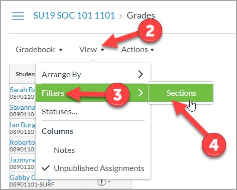 Step 2, 3, and 4 of Gradebook Sections